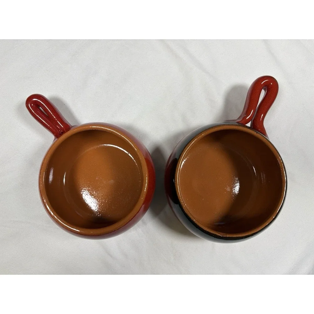 Vintage De Silva Italy Ceramic Soup Crocks Pair Red Terracotta Handled Bowls